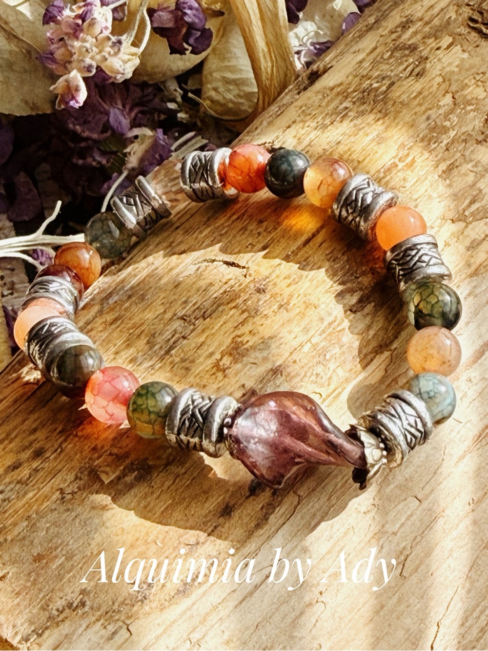 INDIAN AGATE Green, Orange & Purple Beaded Bracelet with Silver Accents